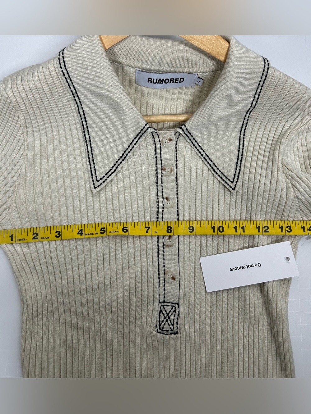 Rumored Ribbed Long Sleeve Polo Sweater Knit Top Cream Contrast Stitch - Picture 12 of 12